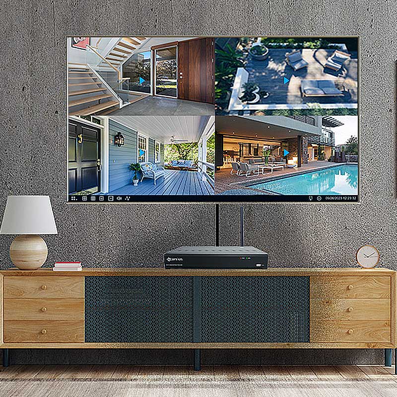 Live 4-camera security feed displayed on wall-mounted TV — Airbnb property monitoring